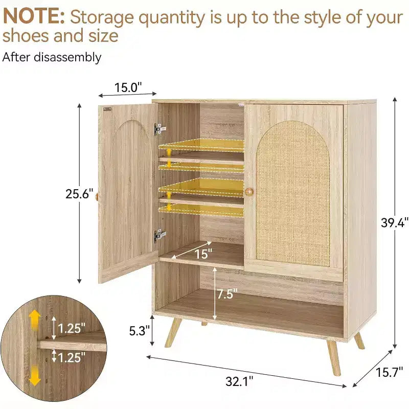 Meuble à chaussures 4 niveaux en rotin avec étagère réglable pour l'entrée, meuble à chaussures autoportant pour le salon, la salle à manger