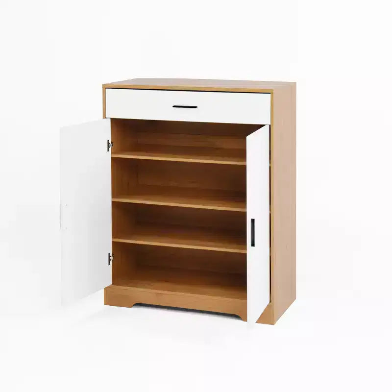 JVNOXK Meuble à chaussures à quatre niveaux, étagère à chaussures autoportante en bois, avec deux portes d'armoire blanches et des étagères réglables, idéal pour les entrées