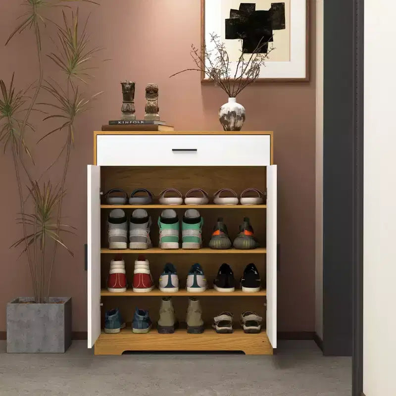 JVNOXK Meuble à chaussures à quatre niveaux, étagère à chaussures autoportante en bois, avec deux portes d'armoire blanches et des étagères réglables, idéal pour les entrées