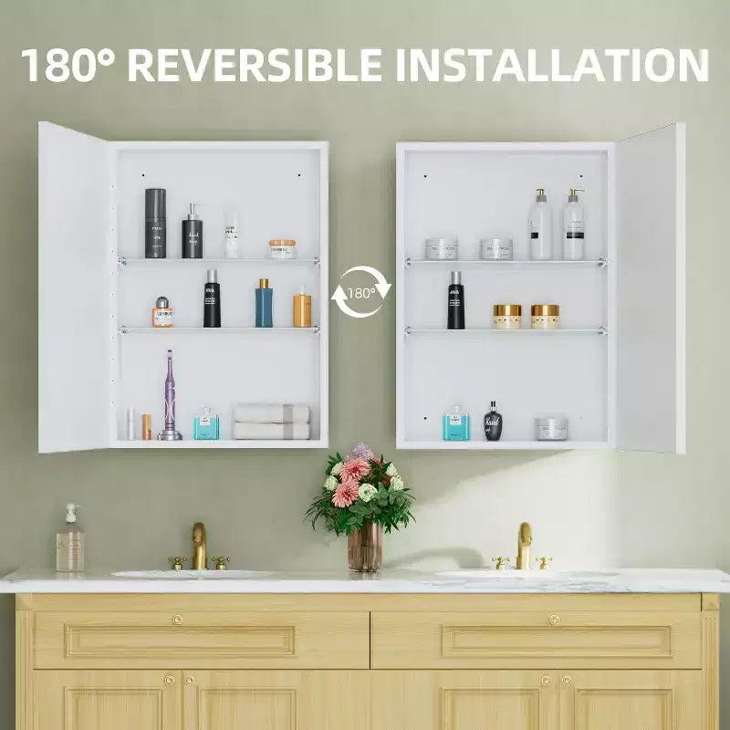 Armoire à pharmacie Elise avec miroir, armoire de salle de bain à montage en surface ou encastré, étagères réglables en verre trempé, réversible