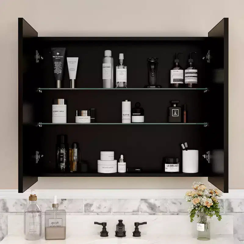 Armoire à pharmacie Elise avec miroir, armoire de salle de bain à montage en surface ou encastré, étagères réglables en verre trempé, réversible