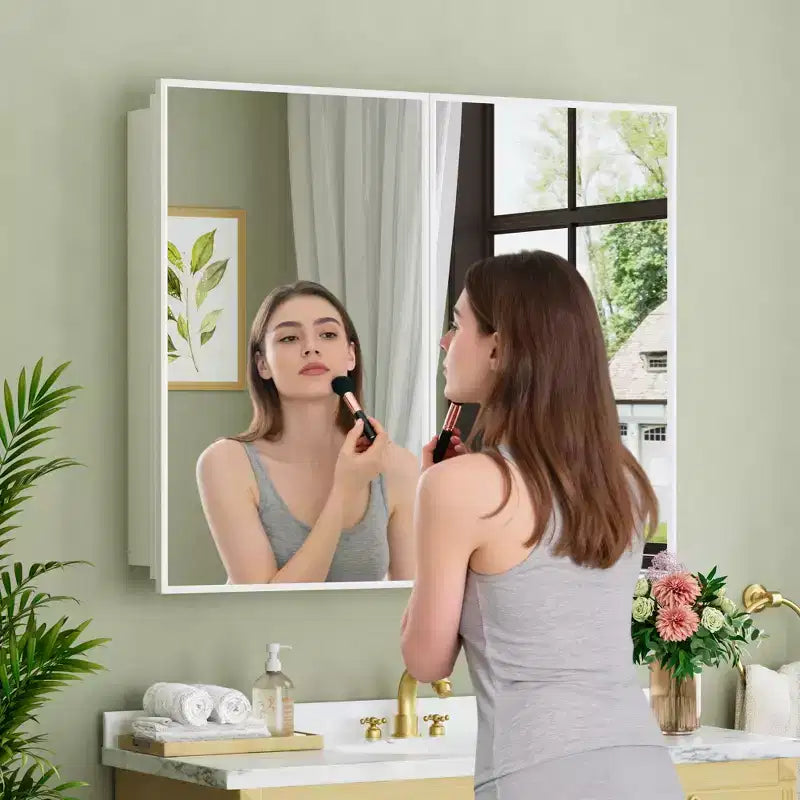 Armoire à pharmacie Elise avec miroir, armoire de salle de bain à montage en surface ou encastré, étagères réglables en verre trempé, réversible