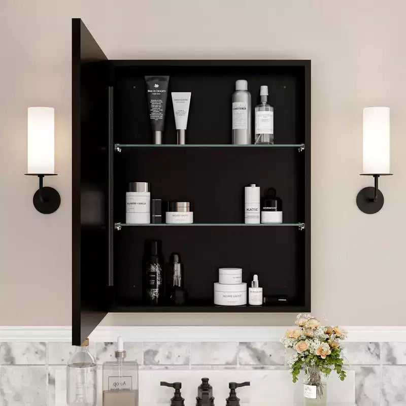 Armoire à pharmacie Elise avec miroir, armoire de salle de bain à montage en surface ou encastré, étagères réglables en verre trempé, réversible