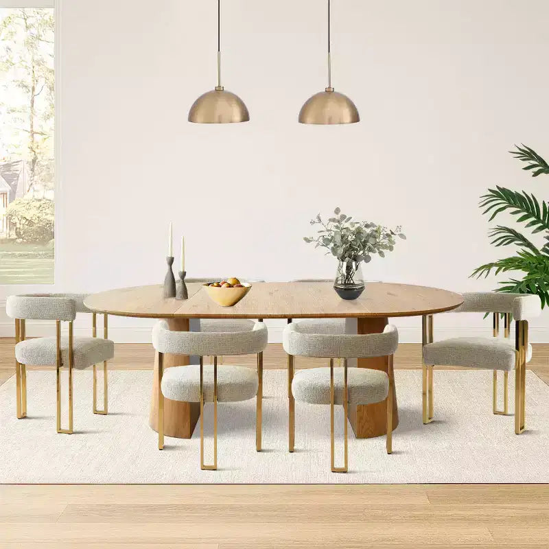 Ensemble de salle à manger ovale extensible 3-en-1 avec 6 chaises rembourrées en chenille et pieds en métal doré, Meuble de salle à manger polyvalent - Panipeachy
