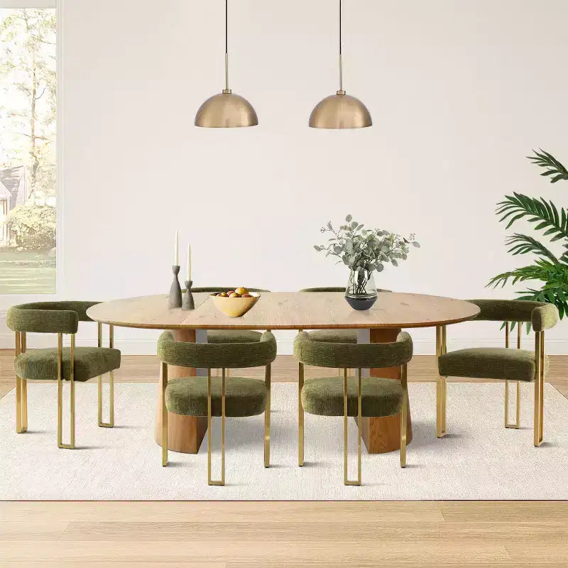 Ensemble de salle à manger ovale extensible 3-en-1 avec 6 chaises rembourrées en chenille et pieds en métal doré, Meuble de salle à manger polyvalent - Panipeachy