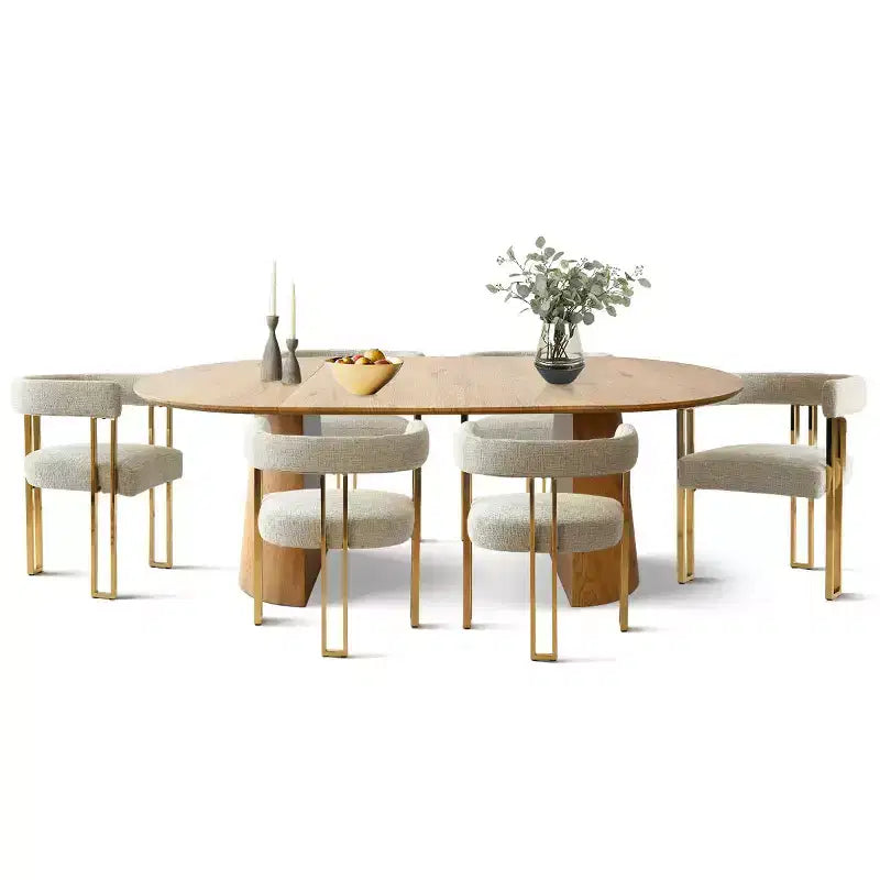 Ensemble de salle à manger ovale extensible 3-en-1 avec 6 chaises rembourrées en chenille et pieds en métal doré, Meuble de salle à manger polyvalent - Panipeachy
