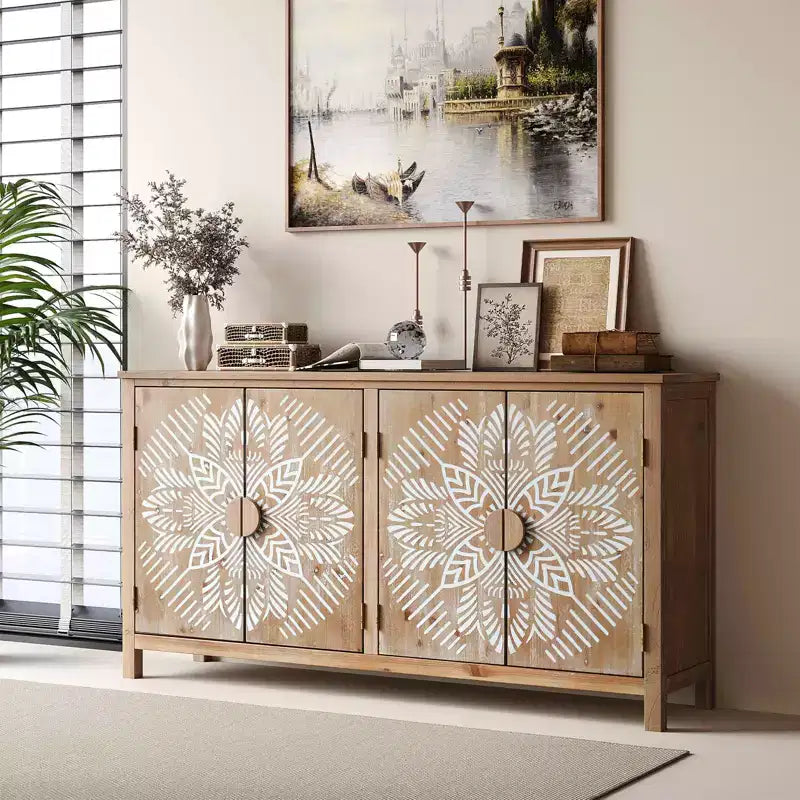 MAYEERTY Armoire d'appoint en bois de 152 cm avec 4 portes Marron et blanc antique Armoire de rangement moderne pour salon et chambre à coucher