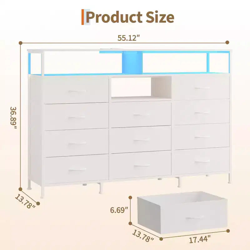 COZONY Meuble TV 55 avec commode en tissu 11 tiroirs et étagères ouvertes, organisateur de rangement pour chambre et salon