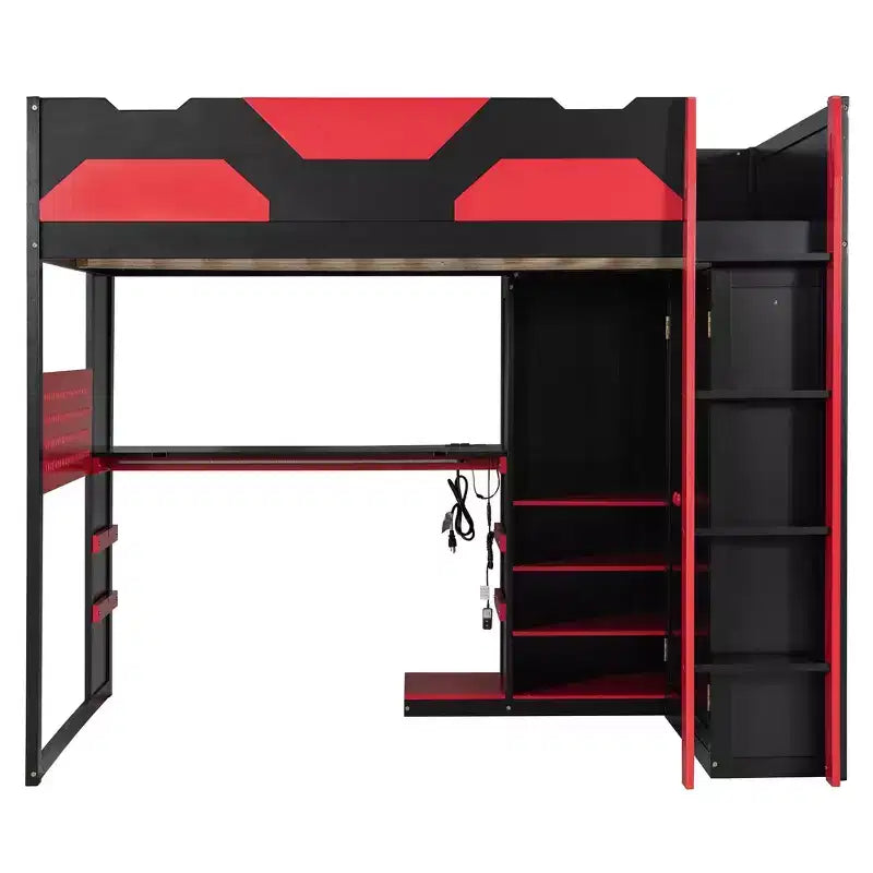 Lit mezzanine en bois pleine taille Luxystar avec bureau réglable, armoire, étagères et panneau perforé