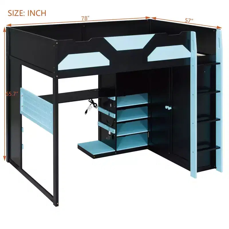 Lit mezzanine en bois pleine taille Luxystar avec bureau réglable, armoire, étagères et panneau perforé