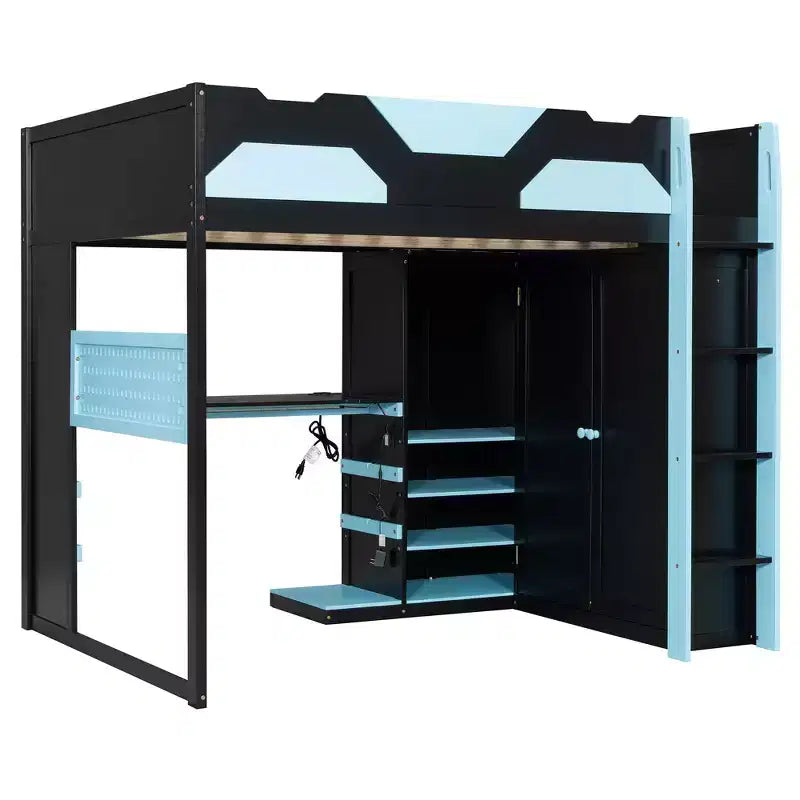 Lit mezzanine en bois pleine taille Luxystar avec bureau réglable, armoire, étagères et panneau perforé