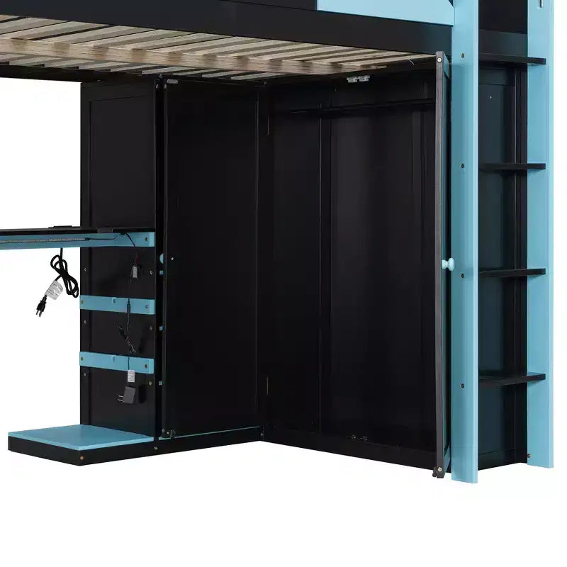 Lit mezzanine en bois pleine taille Luxystar avec bureau réglable, armoire, étagères et panneau perforé