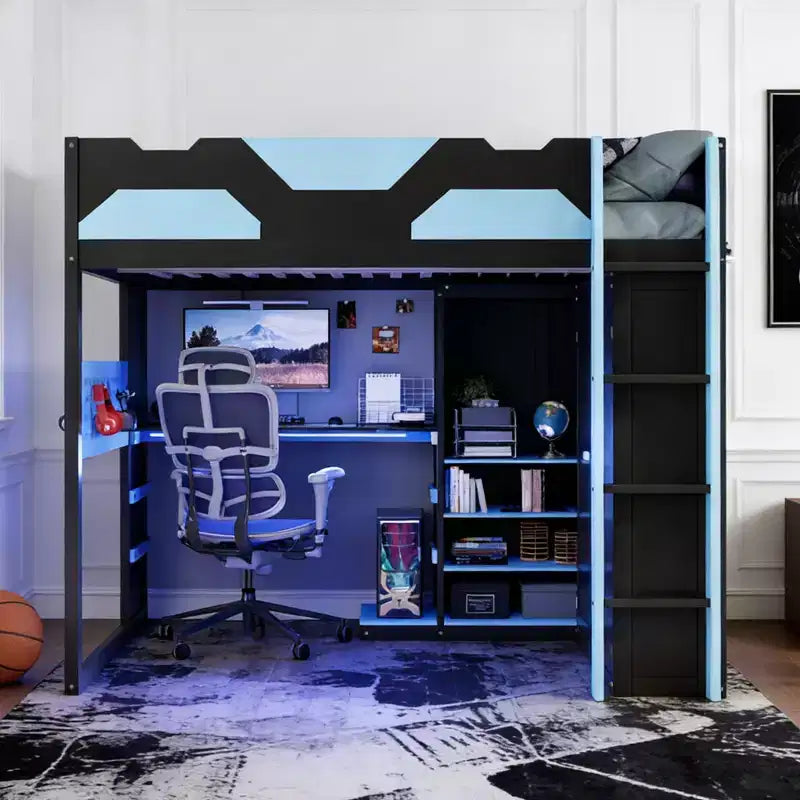 Luxystar Full Size Wood Loft Bed with Adjustable Desk, Wardrobe, Shelves & Pegboard