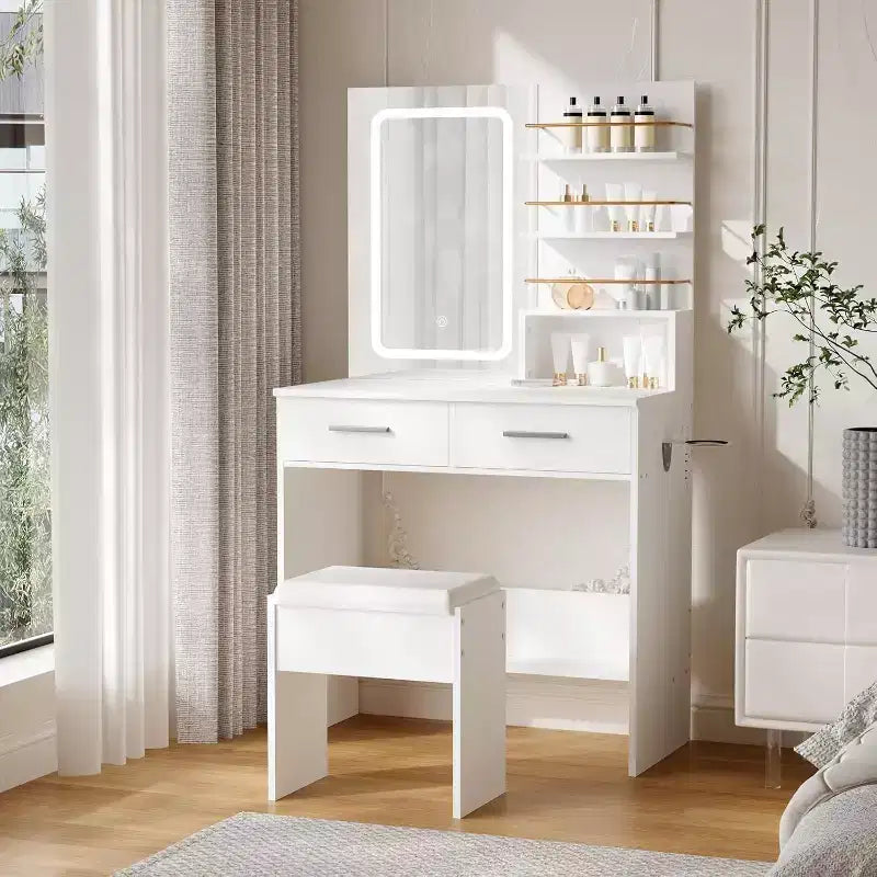 Coiffeuse avec miroir lumineux LED et prise de courant avec 3 modes de couleur et luminosité réglable, 2 tiroirs et 4 étagères de rangement, pour le maquillage, chambre à coucher