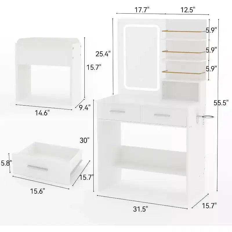Coiffeuse avec miroir lumineux LED et prise de courant avec 3 modes de couleur et luminosité réglable, 2 tiroirs et 4 étagères de rangement, pour le maquillage, chambre à coucher