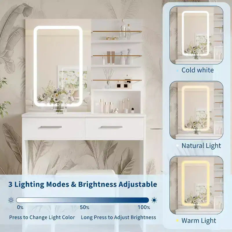 Coiffeuse avec miroir lumineux LED et prise de courant avec 3 modes de couleur et luminosité réglable, 2 tiroirs et 4 étagères de rangement, pour le maquillage, chambre à coucher