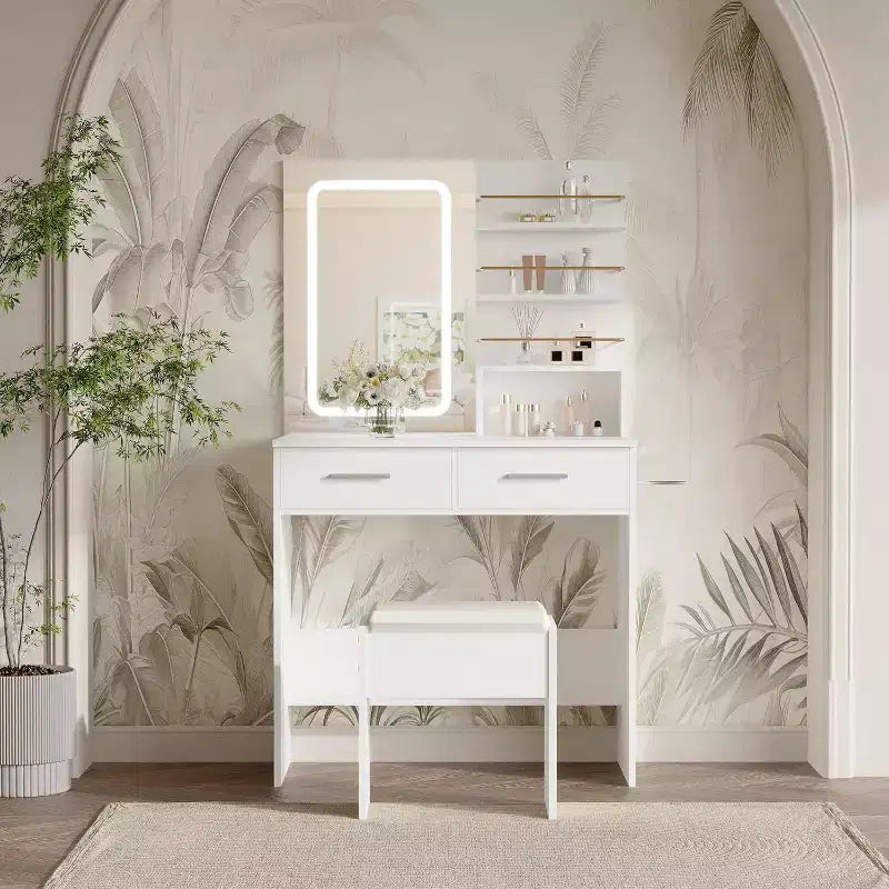 Coiffeuse avec miroir lumineux LED et prise de courant avec 3 modes de couleur et luminosité réglable, 2 tiroirs et 4 étagères de rangement, pour le maquillage, chambre à coucher