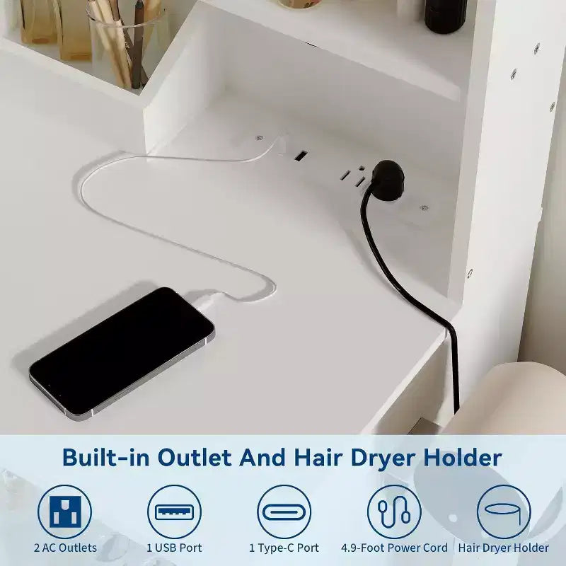 Coiffeuse avec miroir lumineux LED et prise de courant avec 3 modes de couleur et luminosité réglable, 2 tiroirs et 4 étagères de rangement, pour le maquillage, chambre à coucher