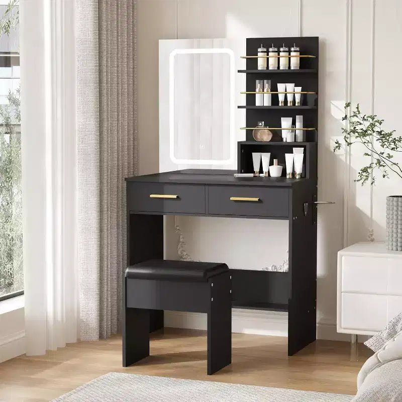 Coiffeuse avec miroir lumineux LED et prise de courant avec 3 modes de couleur et luminosité réglable, 2 tiroirs et 4 étagères de rangement, pour le maquillage, chambre à coucher