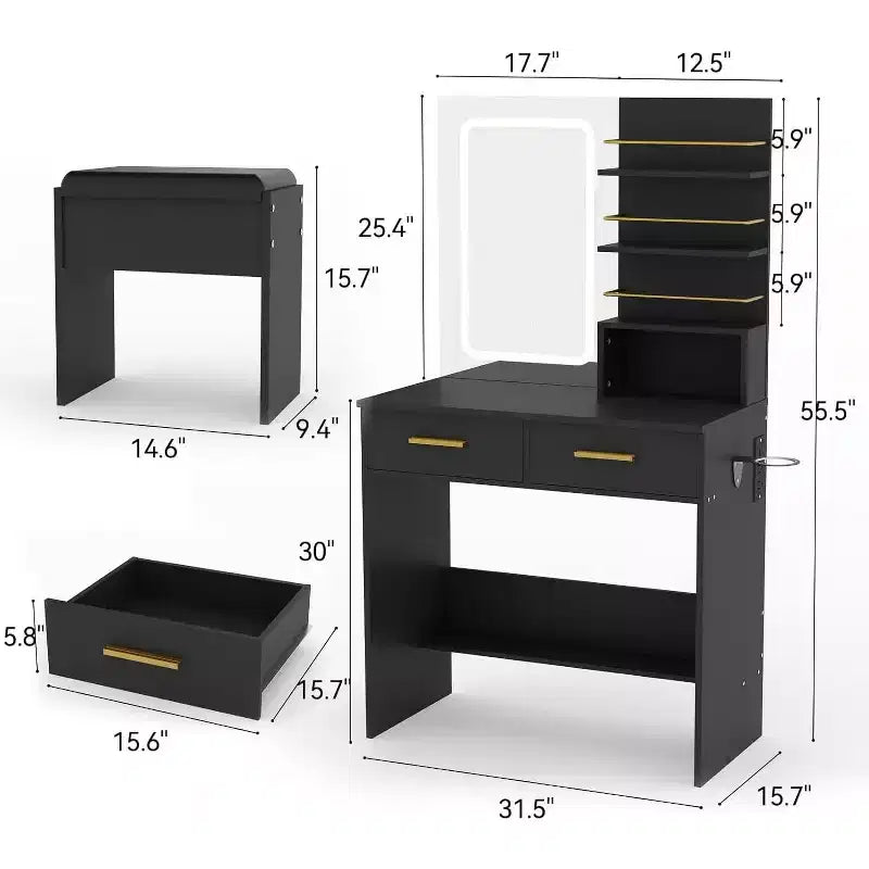 Coiffeuse avec miroir lumineux LED et prise de courant avec 3 modes de couleur et luminosité réglable, 2 tiroirs et 4 étagères de rangement, pour le maquillage, chambre à coucher