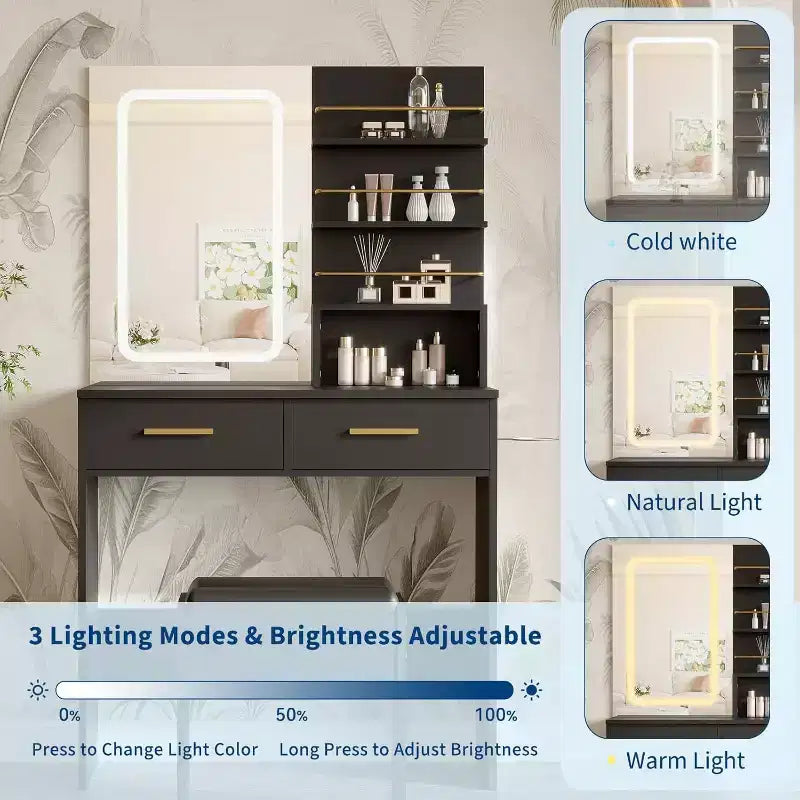 Coiffeuse avec miroir lumineux LED et prise de courant avec 3 modes de couleur et luminosité réglable, 2 tiroirs et 4 étagères de rangement, pour le maquillage, chambre à coucher