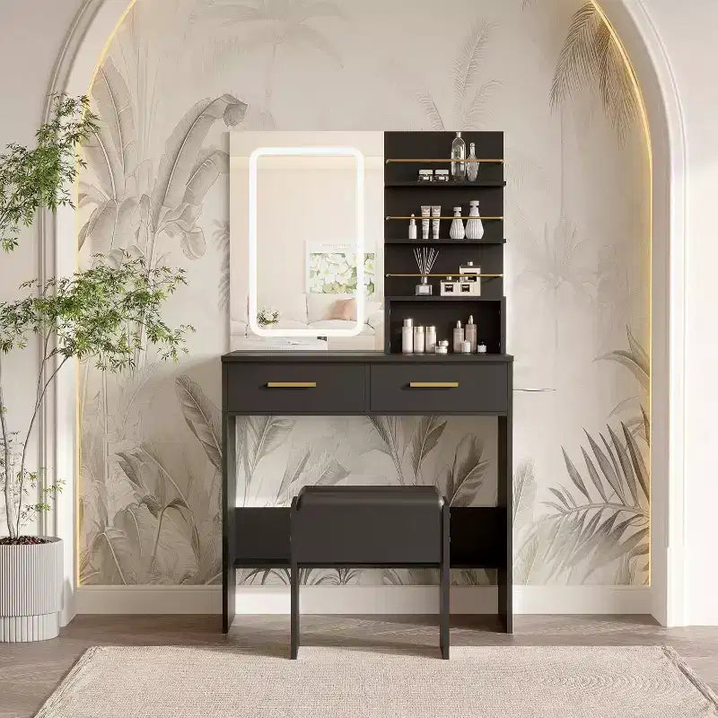 Coiffeuse avec miroir lumineux LED et prise de courant avec 3 modes de couleur et luminosité réglable, 2 tiroirs et 4 étagères de rangement, pour le maquillage, chambre à coucher