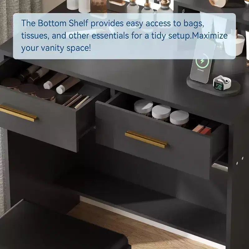 Coiffeuse avec miroir lumineux LED et prise de courant avec 3 modes de couleur et luminosité réglable, 2 tiroirs et 4 étagères de rangement, pour le maquillage, chambre à coucher