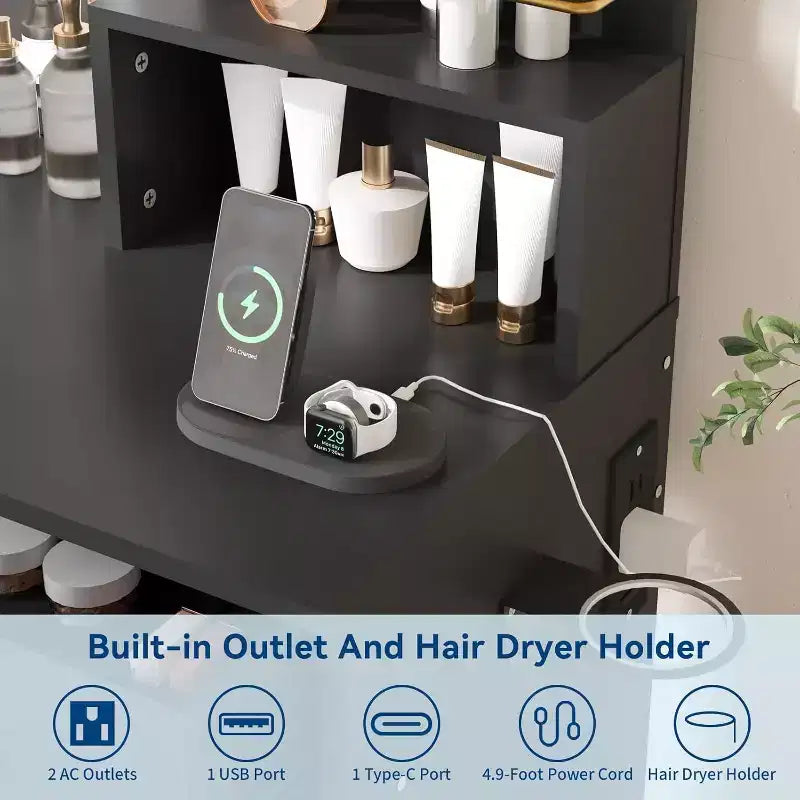 Coiffeuse avec miroir lumineux LED et prise de courant avec 3 modes de couleur et luminosité réglable, 2 tiroirs et 4 étagères de rangement, pour le maquillage, chambre à coucher