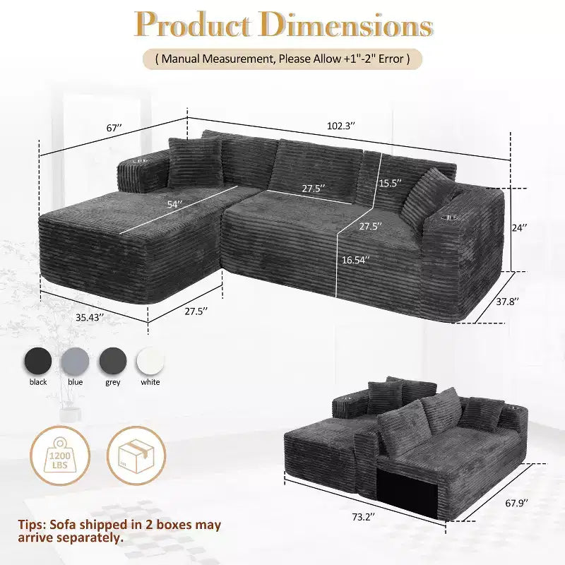 Celebalcony 103 Canapés modulaires sans accoudoirs pour salon, Canapé modulaire en forme de L avec méridienne, Canapé confortable en velours côtelé moelleux, Aucun assemblage requis