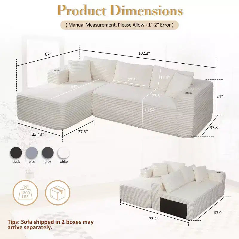 Celebalcony 103 Canapés modulaires sans accoudoirs pour salon, Canapé modulaire en forme de L avec méridienne, Canapé confortable en velours côtelé moelleux, Aucun assemblage requis