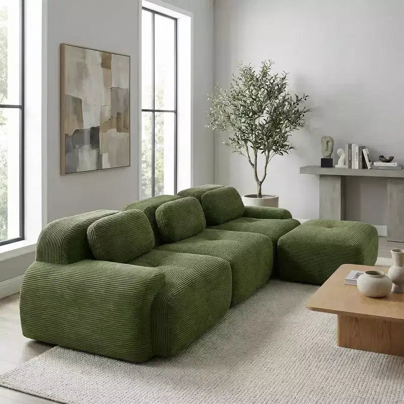 Homy Casa Modular L-Shaped Corduroy Sofa, No Assembly Floor Seating, Deep Cushioned Comfort, Olive Green