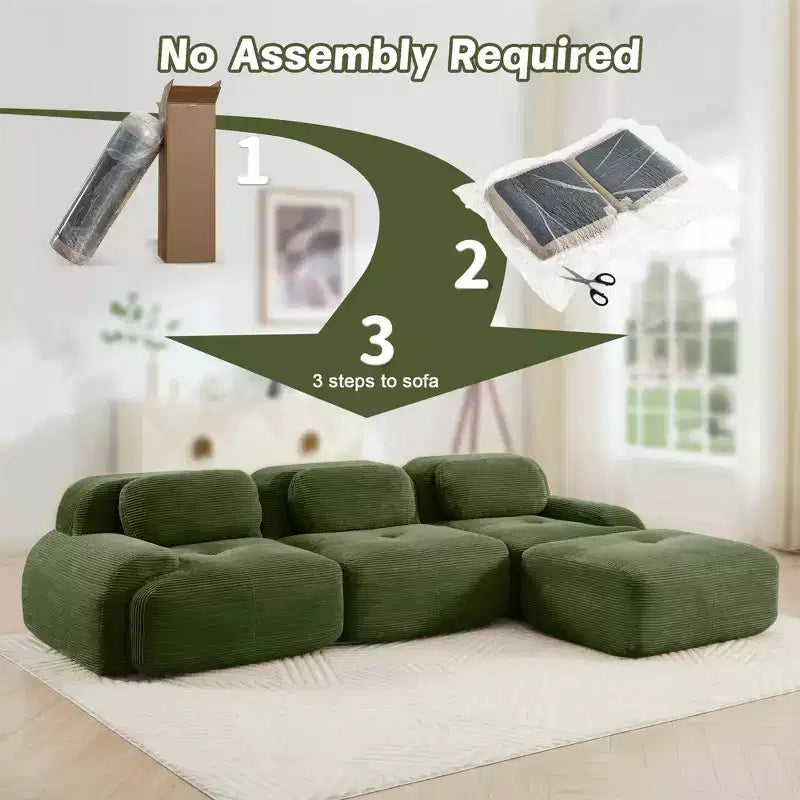 Canapé modulaire en velours côtelé Homy Casa en forme de L, assise au sol sans montage, confort rembourré profond, vert olive