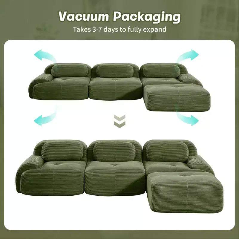 Canapé modulaire en velours côtelé Homy Casa en forme de L, assise au sol sans montage, confort rembourré profond, vert olive