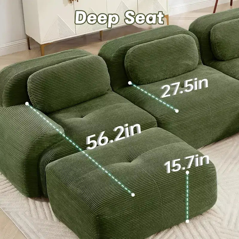 Canapé modulaire en velours côtelé Homy Casa en forme de L, assise au sol sans montage, confort rembourré profond, vert olive