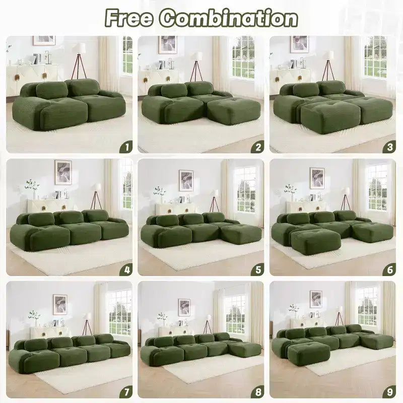 Canapé modulaire en velours côtelé Homy Casa en forme de L, assise au sol sans montage, confort rembourré profond, vert olive