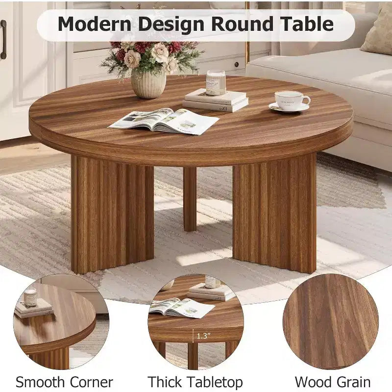 Table basse ronde de 85 cm - Plateau épais de 3,3 cm avec pieds cannelés, table d'appoint pour salon, chambre, montage facile