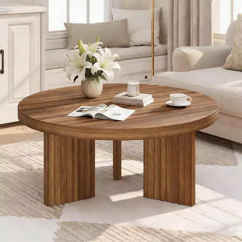Table basse ronde de 85 cm - Plateau épais de 3,3 cm avec pieds cannelés, table d'appoint pour salon, chambre, montage facile
