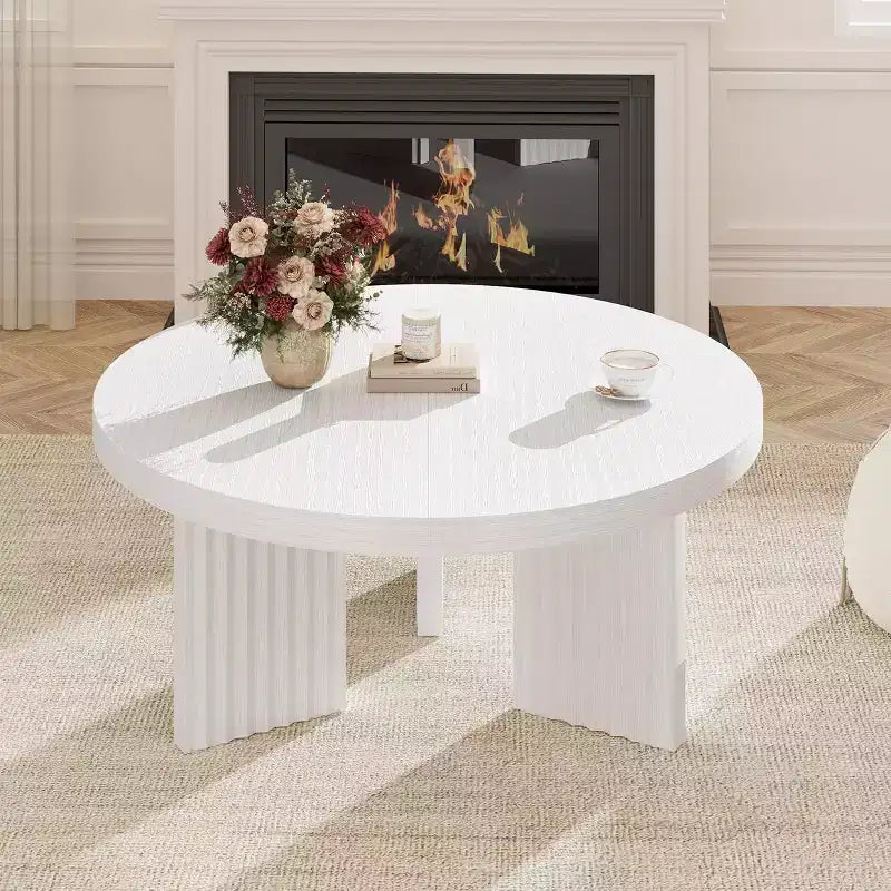 Table basse ronde de 85 cm - Plateau épais de 3,3 cm avec pieds cannelés, table d'appoint pour salon, chambre, montage facile
