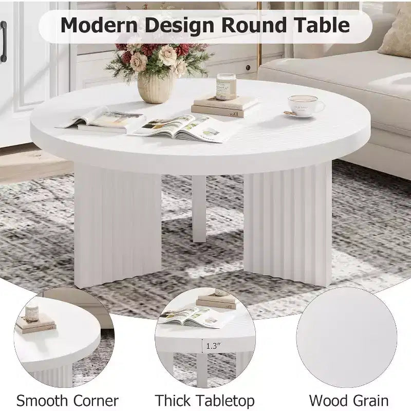 Table basse ronde de 85 cm - Plateau épais de 3,3 cm avec pieds cannelés, table d'appoint pour salon, chambre, montage facile