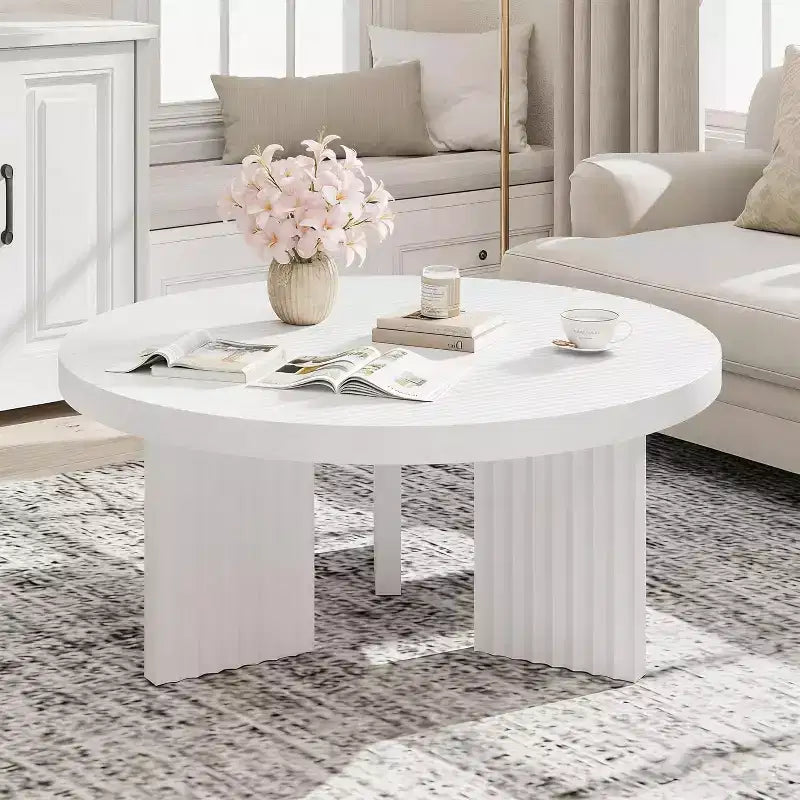 Table basse ronde de 85 cm - Plateau épais de 3,3 cm avec pieds cannelés, table d'appoint pour salon, chambre, montage facile