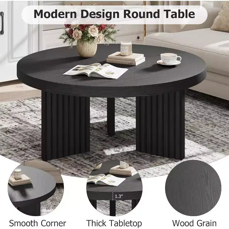 Table basse ronde de 85 cm - Plateau épais de 3,3 cm avec pieds cannelés, table d'appoint pour salon, chambre, montage facile