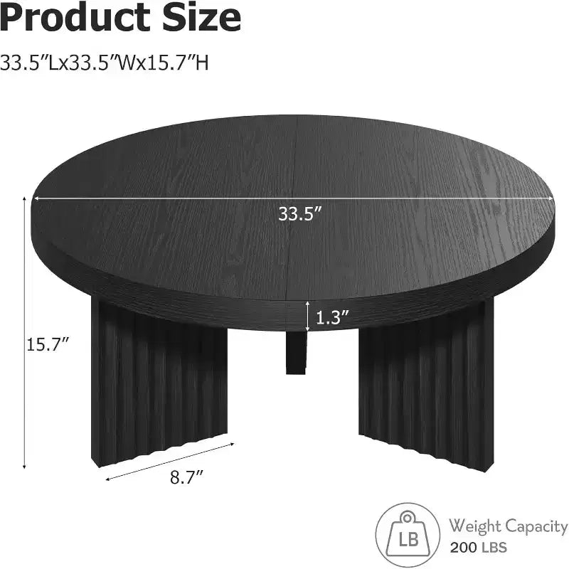 Table basse ronde de 85 cm - Plateau épais de 3,3 cm avec pieds cannelés, table d'appoint pour salon, chambre, montage facile