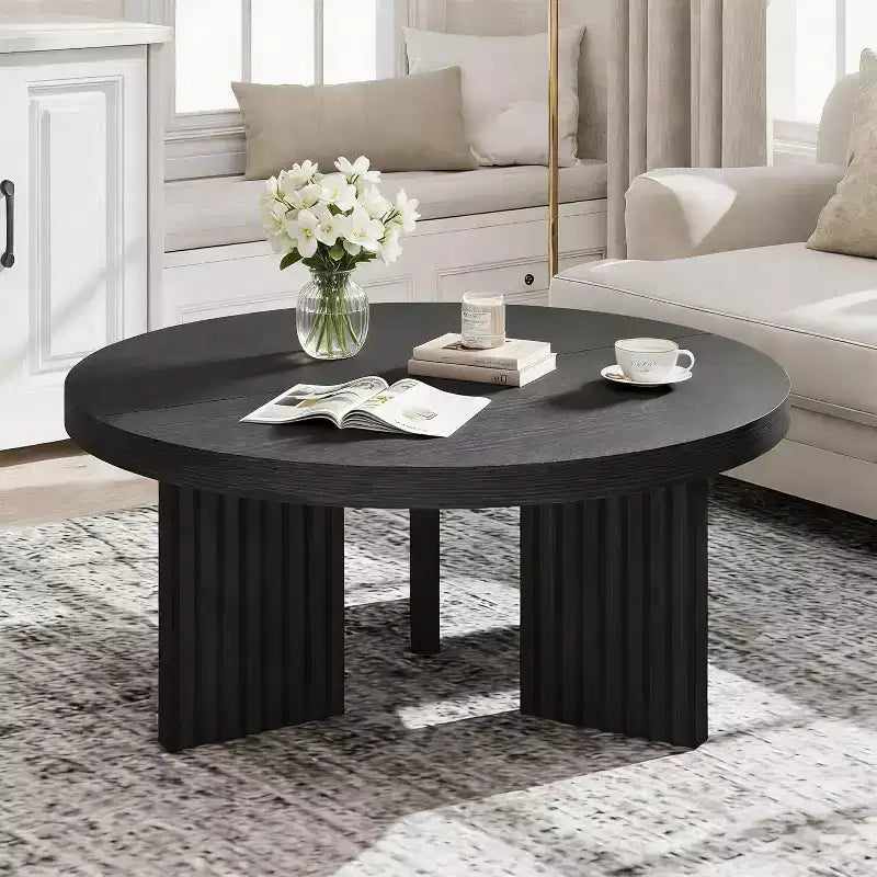 Table basse ronde de 85 cm - Plateau épais de 3,3 cm avec pieds cannelés, table d'appoint pour salon, chambre, montage facile