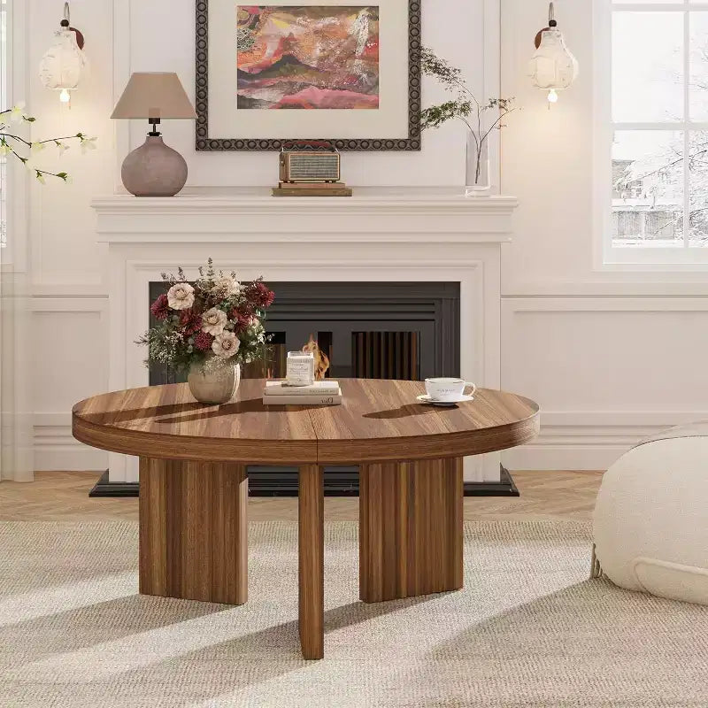 Table basse ronde de 85 cm - Plateau épais de 3,3 cm avec pieds cannelés, table d'appoint pour salon, chambre, montage facile