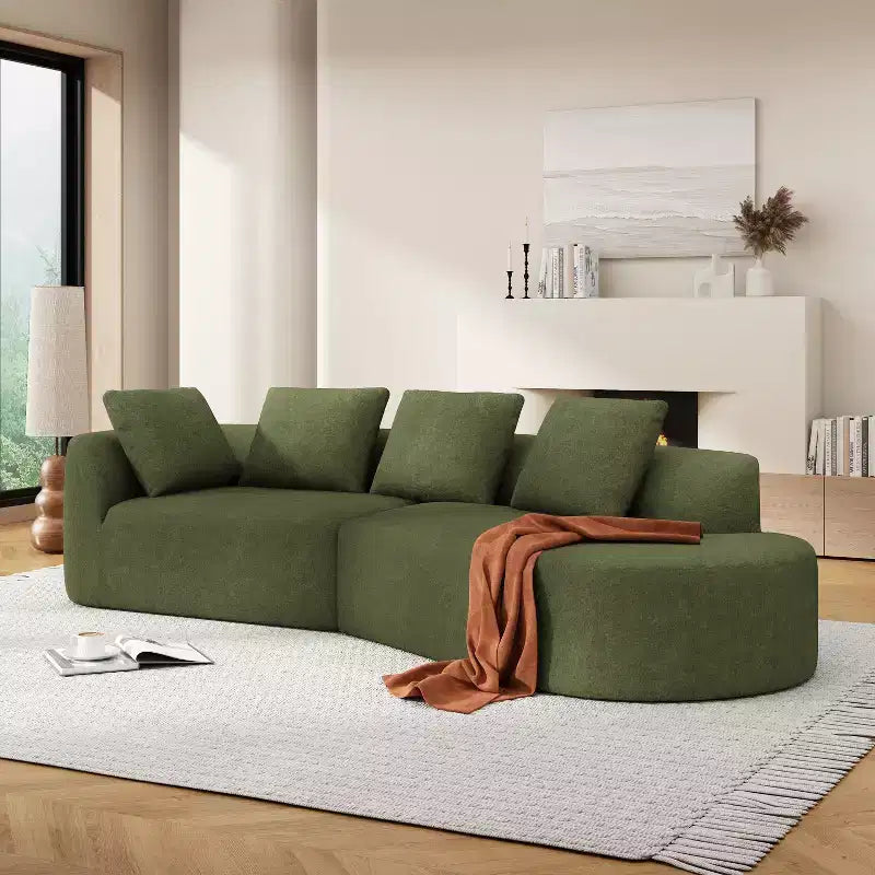 Canapé d'angle moderne incurvé de 295 cm avec méridienne, revêtement en velours nacré, pour salon