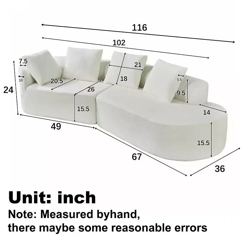 Canapé d'angle moderne incurvé de 295 cm avec éponge haute densité, revêtement perle, pour salon