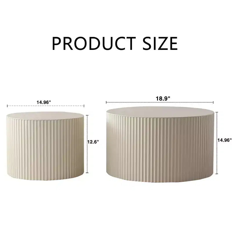 Lot de 2 tables d'appoint gigognes cylindriques beiges avec motif rayures ondulées pour salon ou chambre à coucher