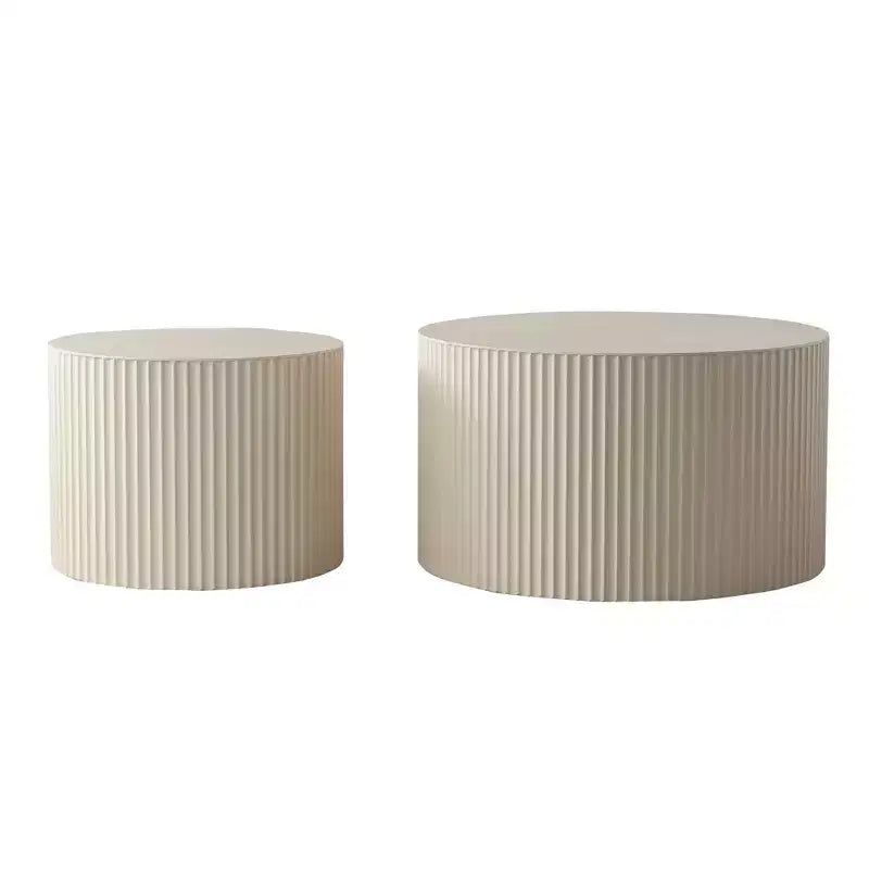 Lot de 2 tables d'appoint gigognes cylindriques beiges avec motif rayures ondulées pour salon ou chambre à coucher