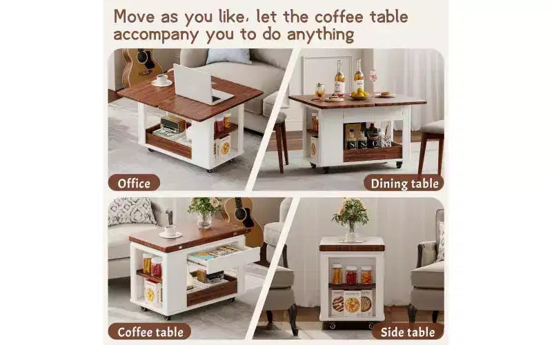 Table basse moderne multifonctionnelle JVNOXK de 70 cm, table d'appoint de rangement multi-niveaux avec plateau pliable et roulettes lisses, blanc et noyer