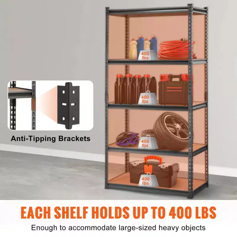 Étagère de rangement VEVOR, 5 niveaux réglables, capacité de 907 kg, étagères de garage robustes, organisateur en métal, rack utilitaire, noir, 89L x 46W x 180H